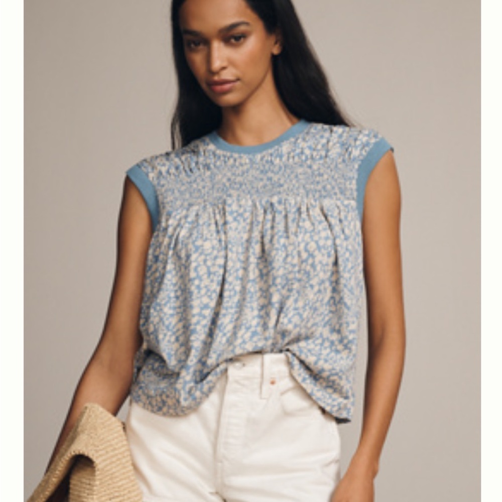 Anthropologie Blue Floral Pattern Smocked Yolk Top